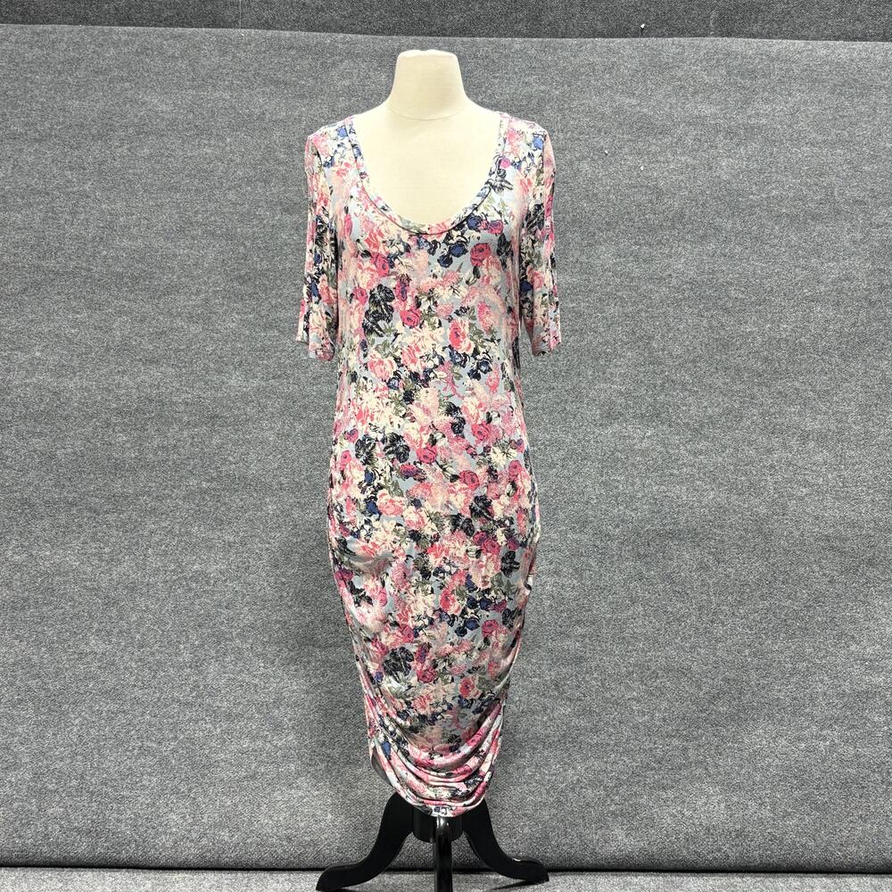 Motherhood Maternity Dress Womens Large Pink Blue Floral Ruched Stretch Long